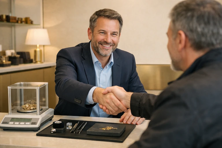 un expert en rachat d’or professionnel accueillant un client avec une attitude rassurante a paris